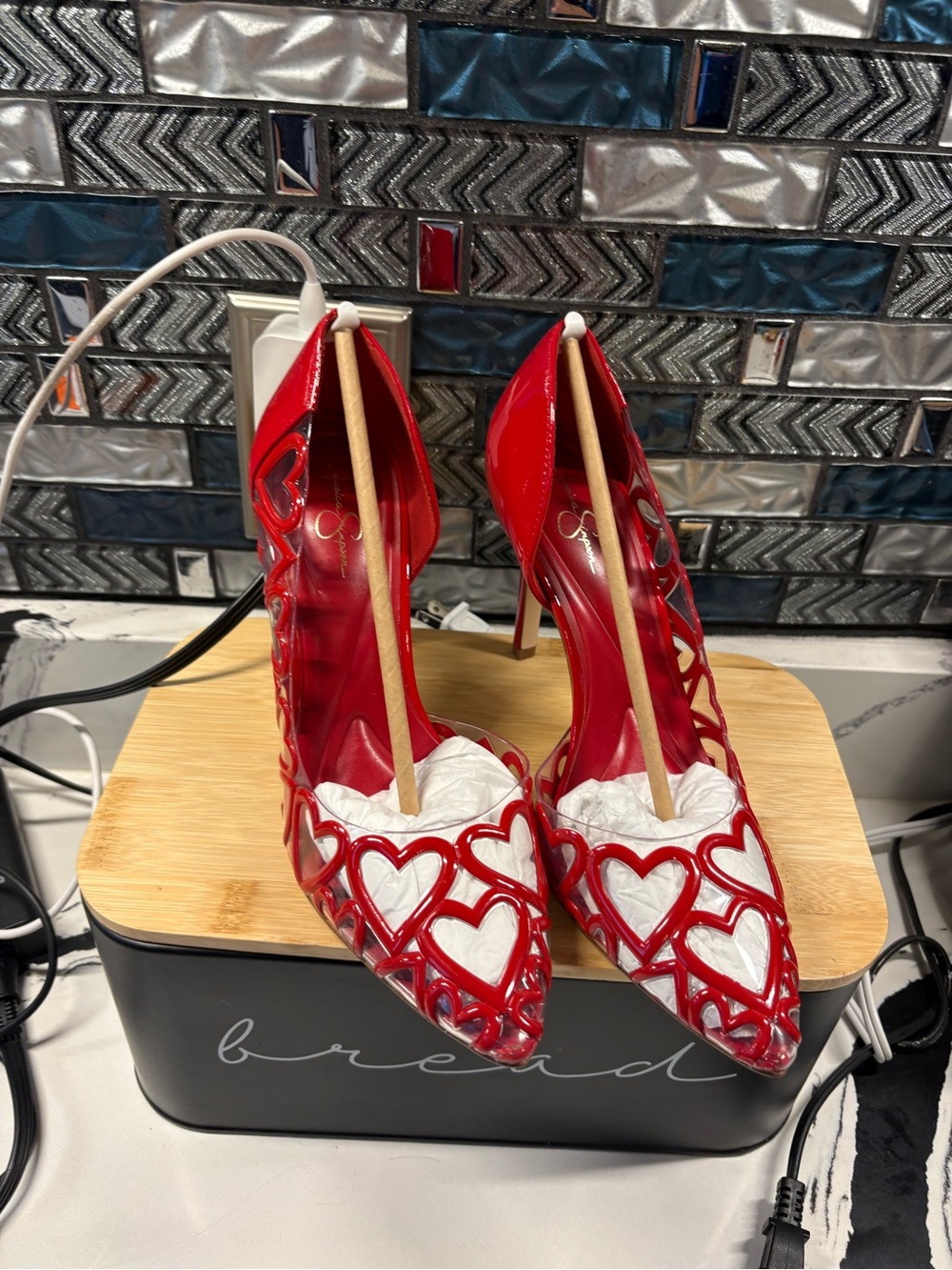 Jessica Simpson Red Patent Heart Cutout Pointed Stiletto Heels